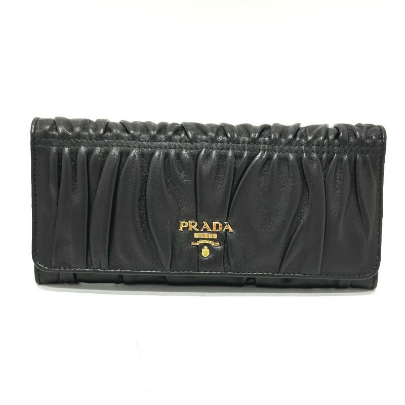 PRADA プラダ 1M1132 ロゴ ギャザー 2つ折り 長財布 レザー レディース